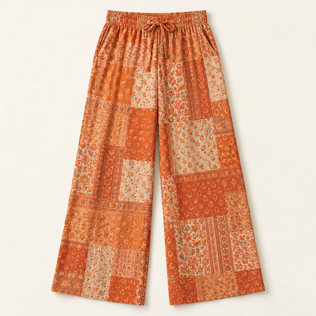 Sunset Patchwork Wide-Leg Pants in orange